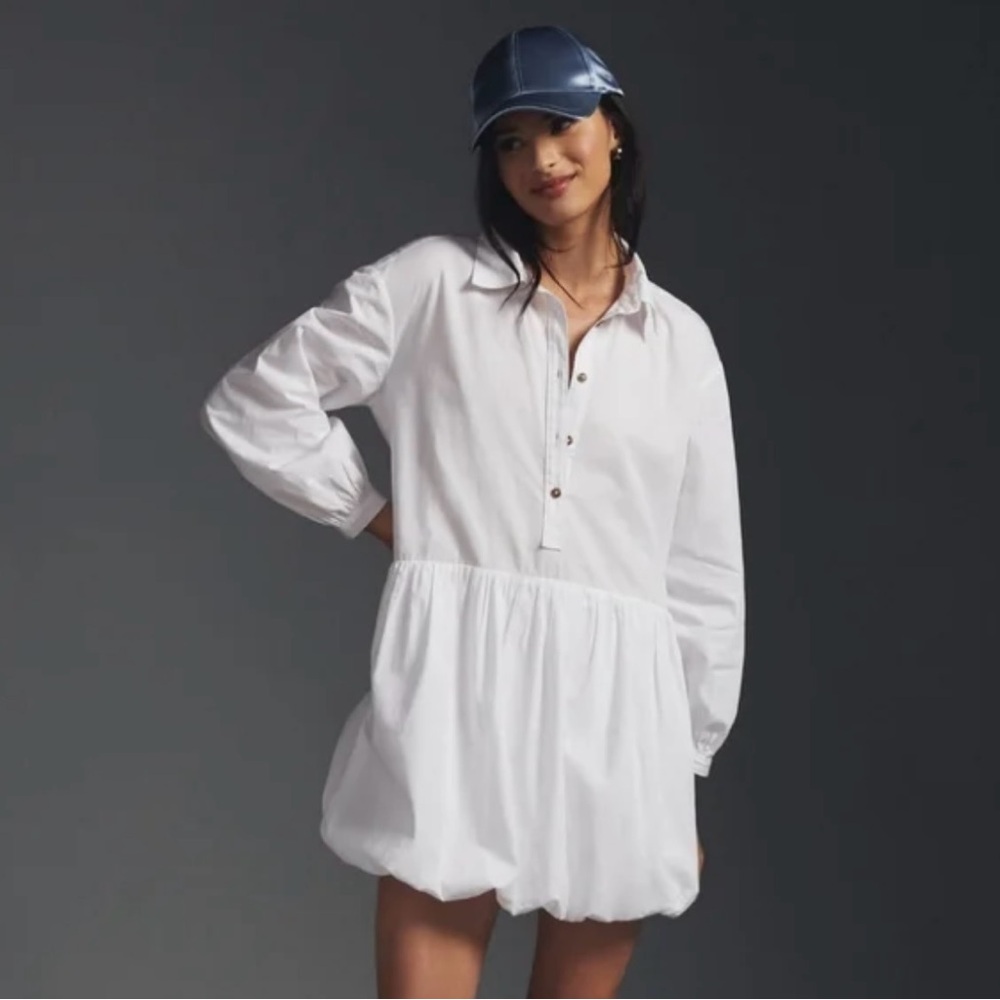 Maeve White A-Line Mini Dress with Cuffed Sleeves